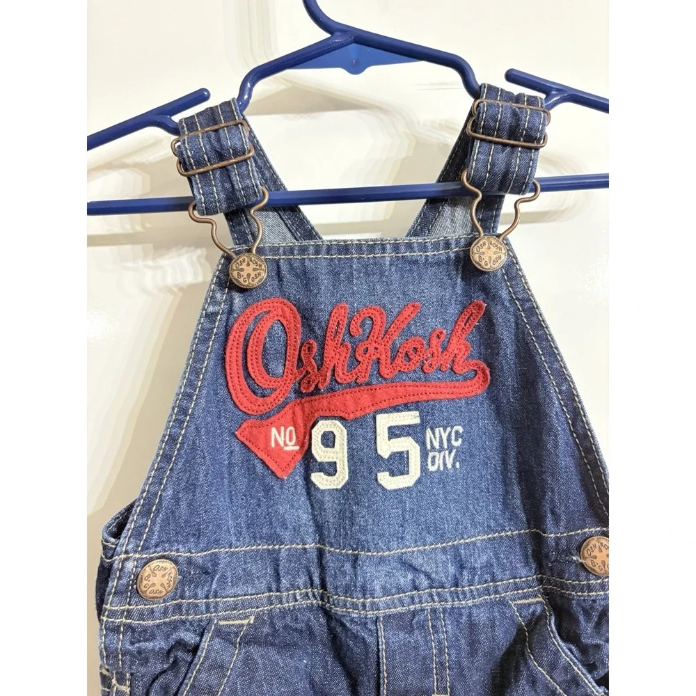Oshkosh B'Gosh 12M Baby Boy Blue Denim Overalls Red White Logo‎